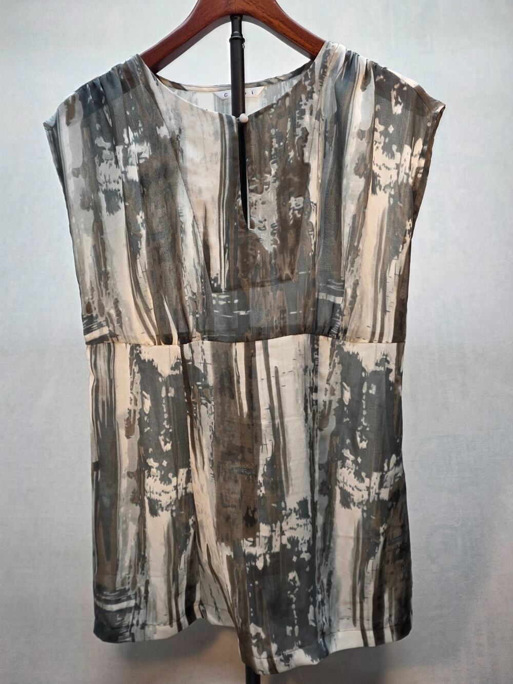 CAbi #651 Painted Tunic Blouse Medium Gray Chiffon Sheer Watercolor (M)
